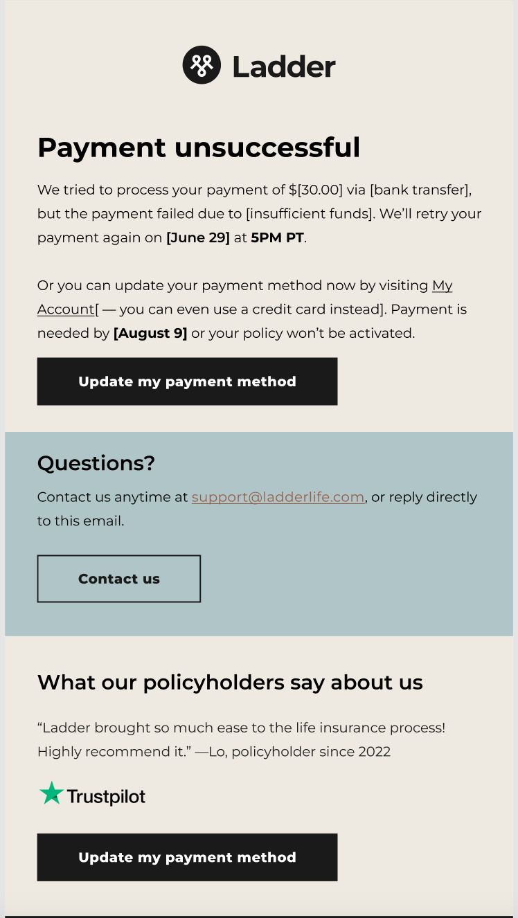 Bringing in more specific details such as payment method that failed and reasoning